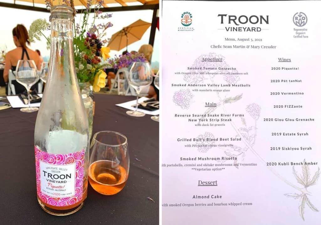 Troon Vineyard Piquette wine and menu