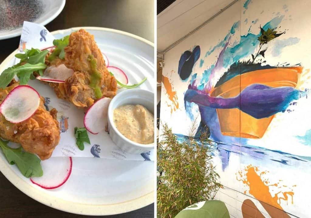 buttermilk fried chicken and mural at Cassava Restaurant