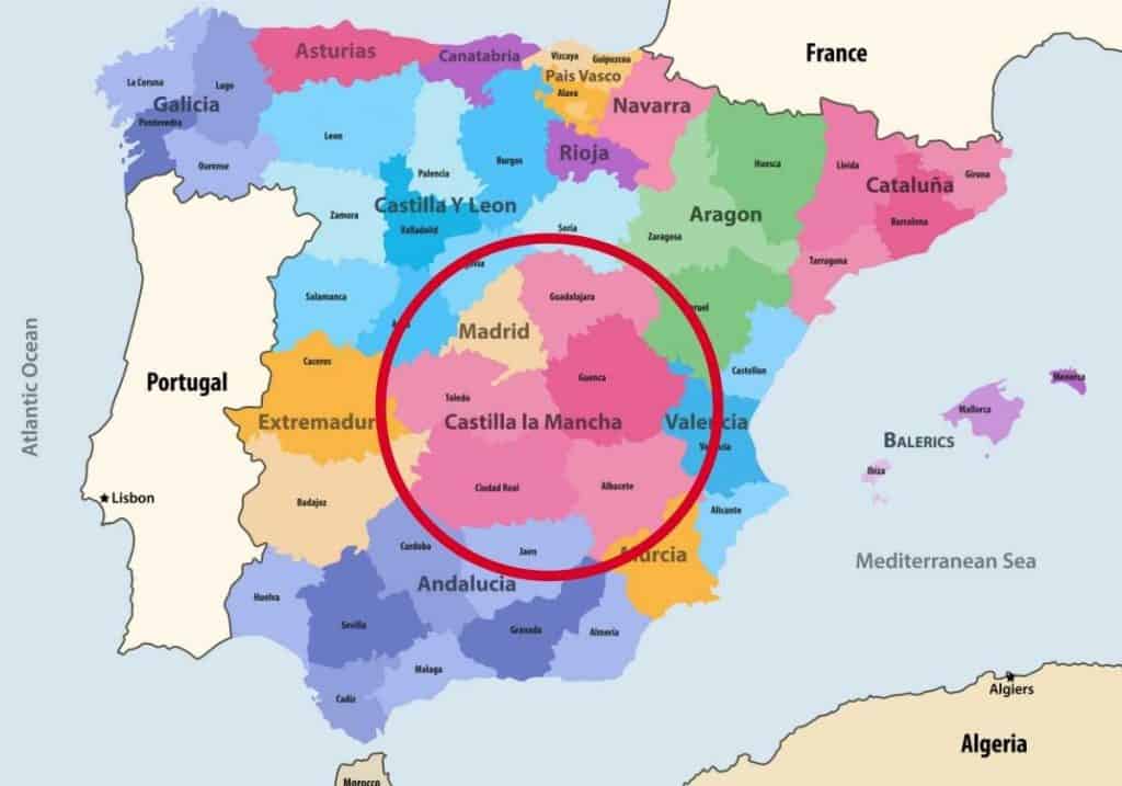 wine regions of Spain highlighting the region of Castilla la Mancha