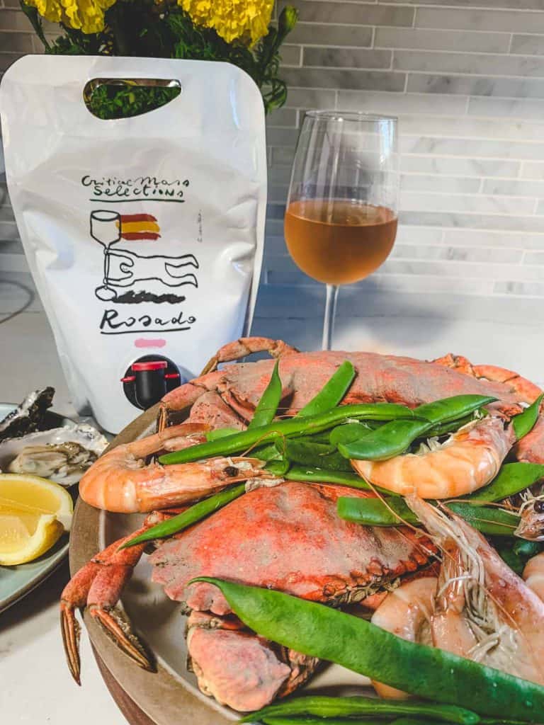 seafood boil with rosado wine