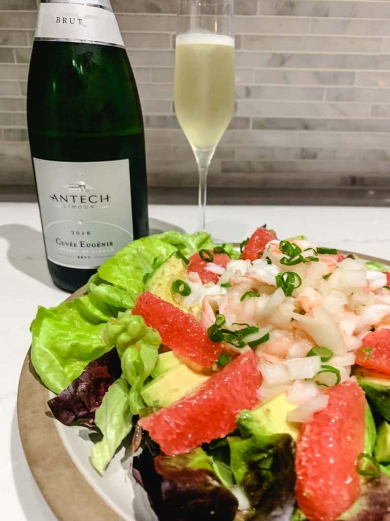 Cremant with a Ceviche prawn salad