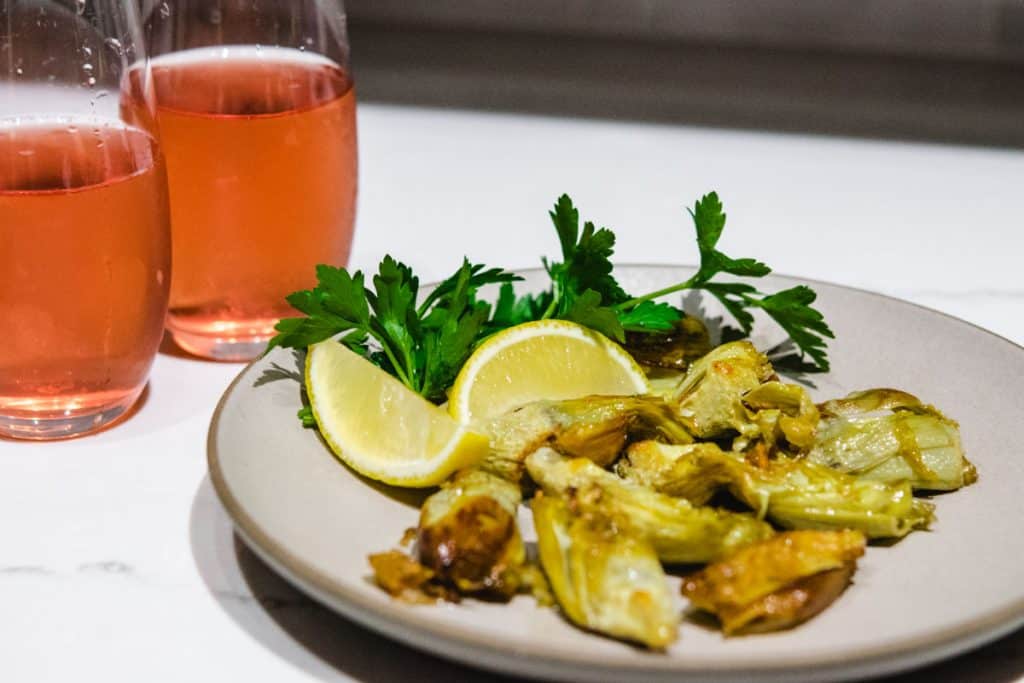 fried artichokes with 2 flutes of rose