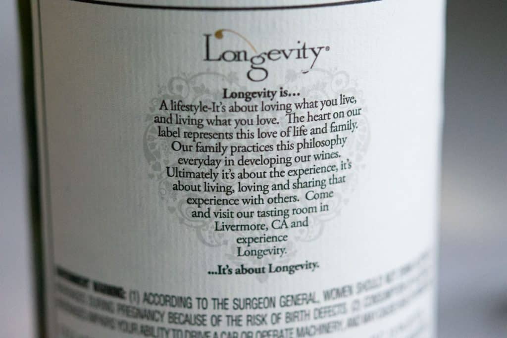 Back of the Longevity wine label