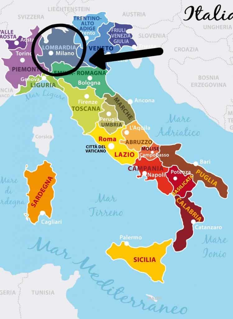 Map of Italy with the Lombardy region circled