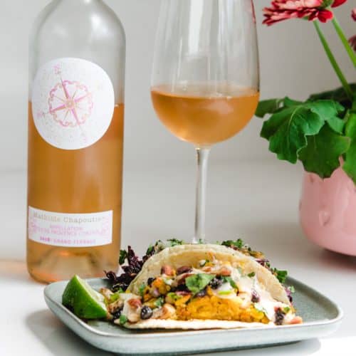 Vegan Tacos and French rose wine bottle and glass