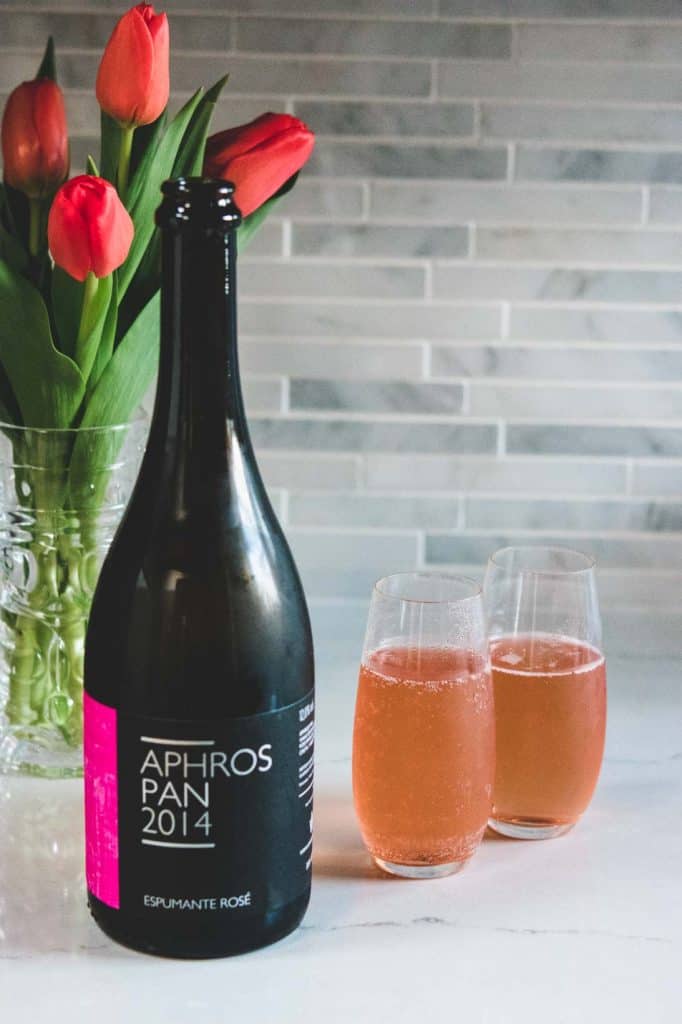 2014 aphros sparkling rose wine with 2 flutes