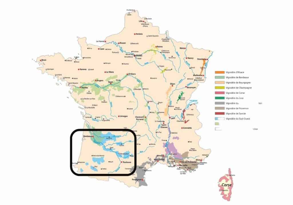 Map of France wine growing regions with SouthWest France circled with a black rectangle