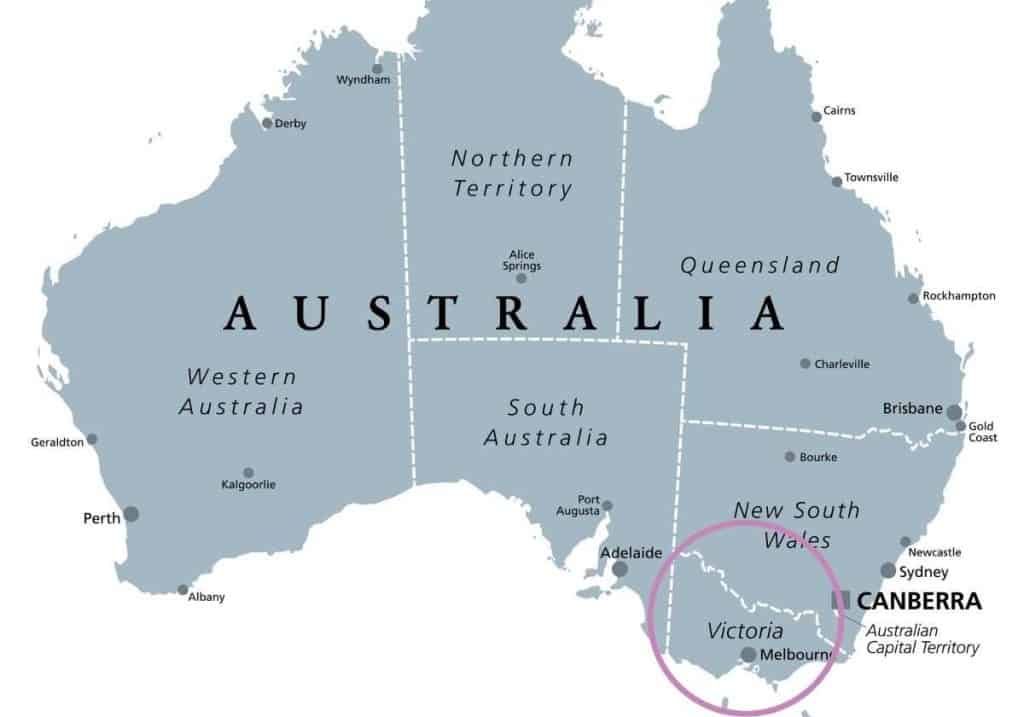 map of Australian wine regions with Victoria circled in pink