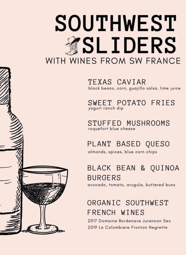 Southwest Sliders with Southwest French Wines Menu Card in a light peachy pink background color