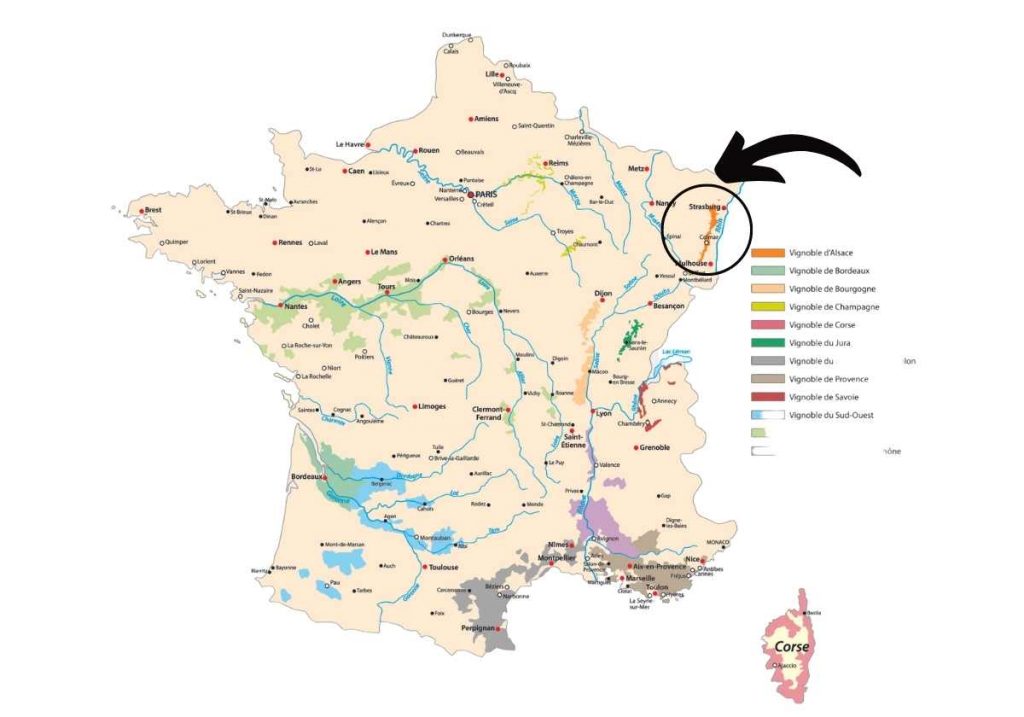 Map with the wine regions in France with the Alsace region circled in black