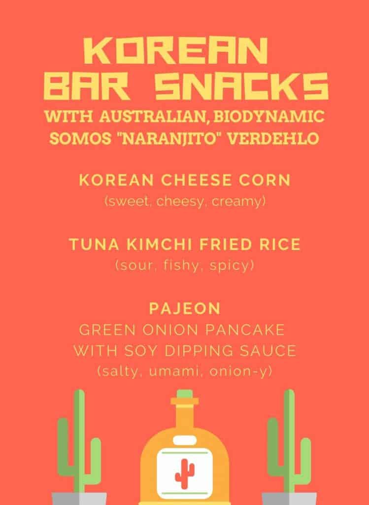 Korean bar snacks menu with wine pairing