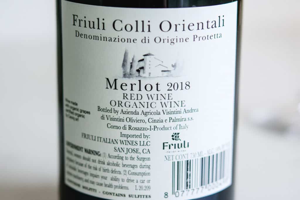 back of the wine label for 2018 Visintini Merlot