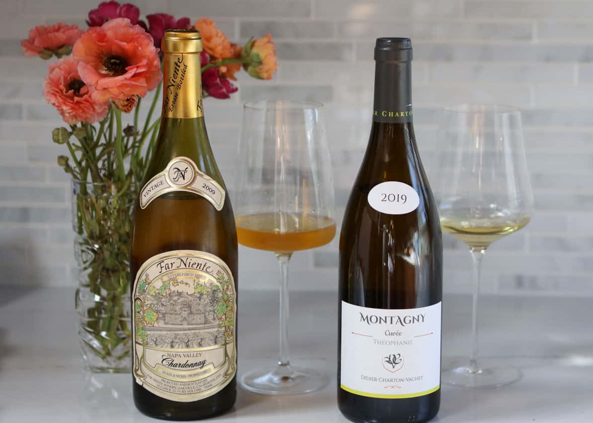 Montagny and Far Niente chardonnay bottles and glasses of wine