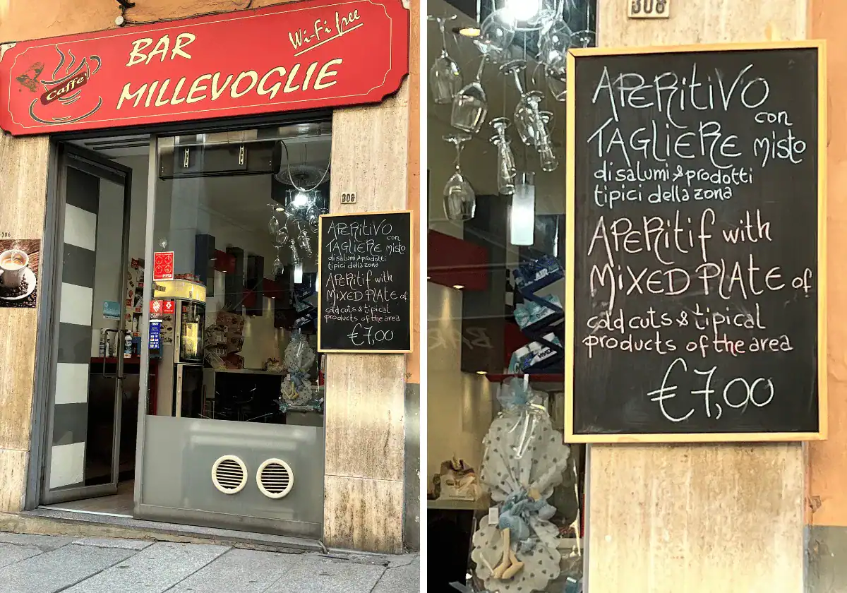 Photo of the outside of a wine bar in Piedmont Italy and photo of the written menu posted on a blackboard