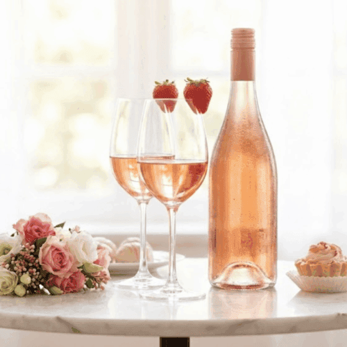 Rose wine with strawberries and flowers on a marble table, perfect for a romantic occasion.