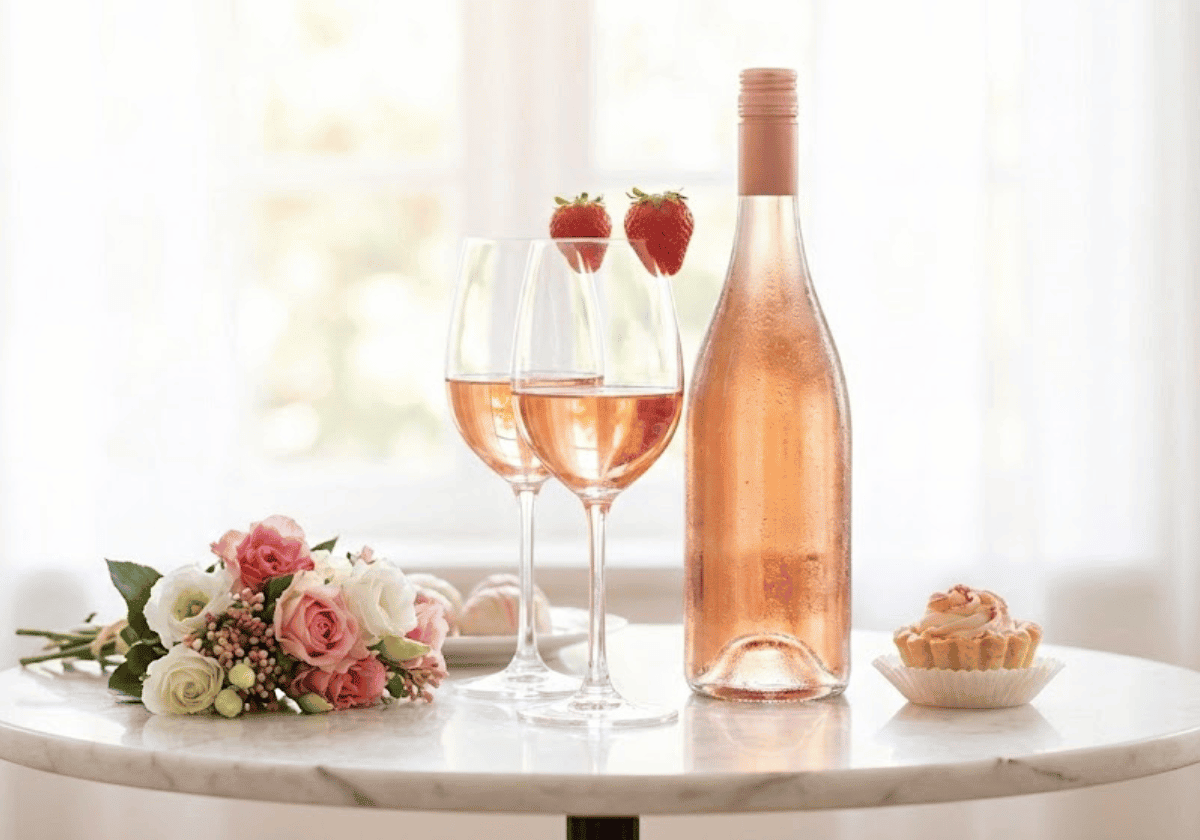 Rose wine with strawberries and flowers on a marble table, perfect for a romantic occasion.