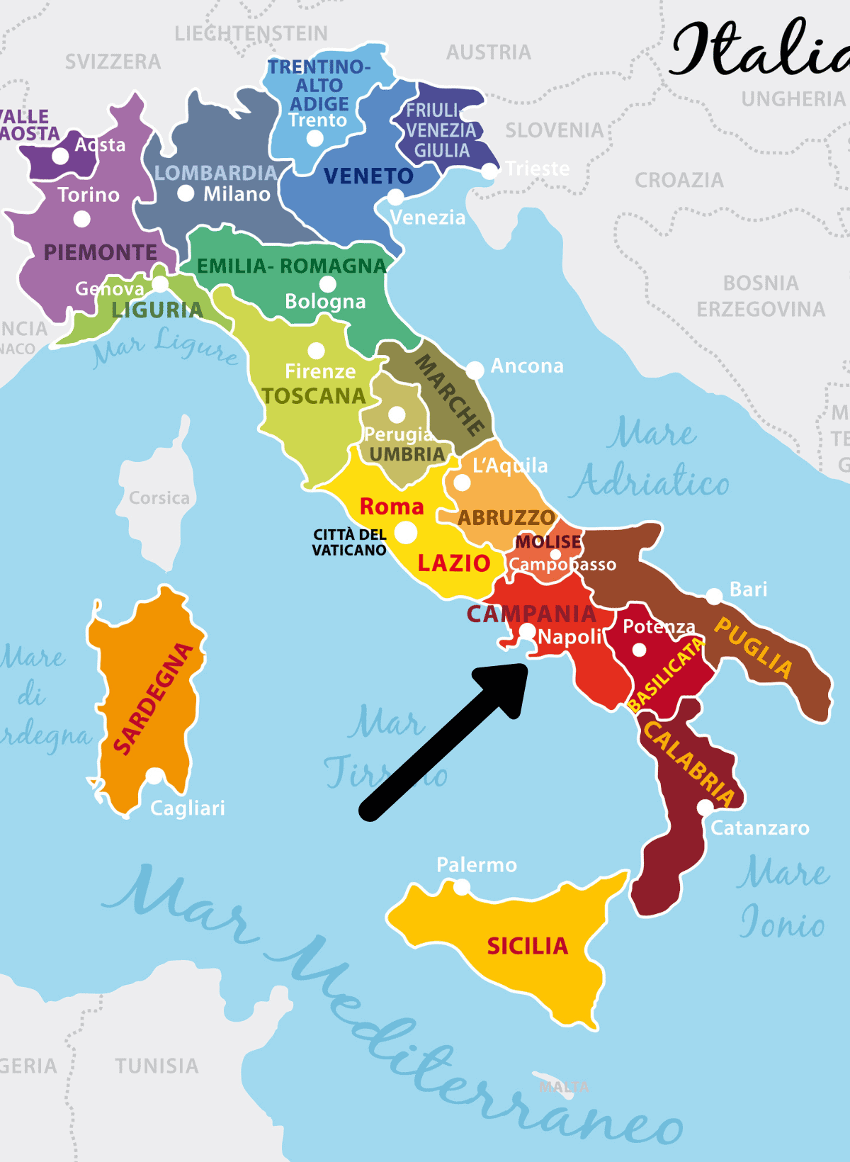 color coded map of Italy with a black arrow pointing to Campania